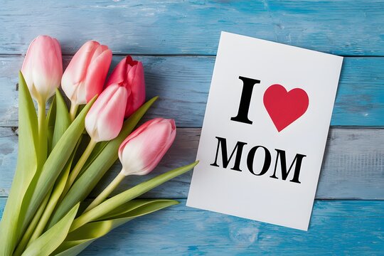 Photo Pink tulips and I love mom card on table