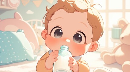 A cute cartoon featuring a baby holding a milk bottle