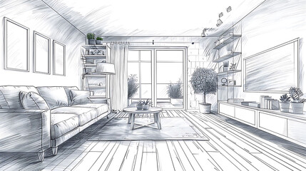 Interior design landing page, Vector sketch of living room, Hand drawn furniture, Illustration of furniture interior room, sketch living apartment - Powered by Adobe