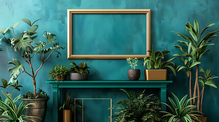 Interior design of living room with gold mock up photo frame on the green shelf with beautiful plants in different hipster and design pots, Elegant personal accessories, Home jungle, Template, 