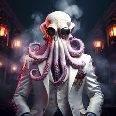 A portrait of a man with an octopus head dressed in a white suit and looking very stylish
