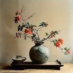 A vase adorned with Japanese flower art and flowers