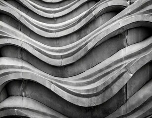 monochrome photograph showcasing an urban design pattern of waves on a concrete wall, creating a striking visual arts display with a symmetrical and artistic appeal