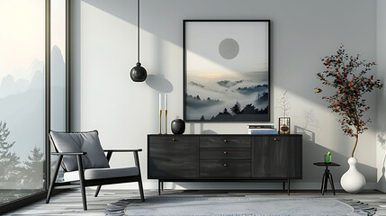 Interior design of modern living room with black stylish commode, chair, mock up art paintings, lamp, book, candlestick, decorations and elegant accessories in home decor, Template