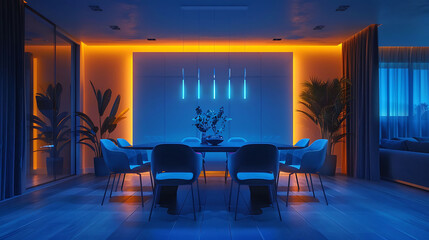 Interior design of spacious blue dining room with table and chairs in modern illuminated apartment