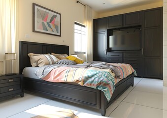 Photo of modern black wooden bed with colorful duvet and pillows in the middle