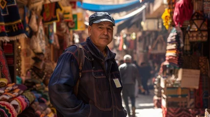 Fotobehang In the heart of a bustling market a pilot stands surrounded by vibrant colors and exotic smells. His confident stance and map in hand reflect his ability to navigate through any culture . © Justlight