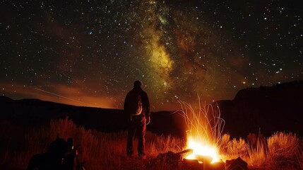 A skilled guide leads a group of adventurers on a nighttime hike ending at a secluded campsite with a blazing campfire and breathtaking views of the night sky. 2d flat cartoon. - obrazy, fototapety, plakaty