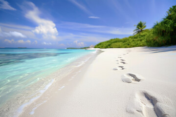 Beach with White Sand and Clear Water, Blurred Foreground Footprints on the Sand Narrating Moments of Joy