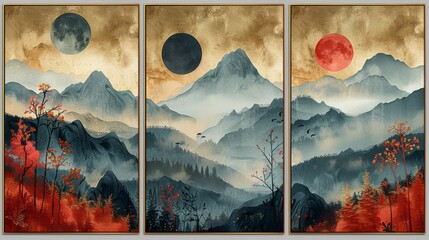 Modern set of mountain and botanical wall art with earth tones and moon and sun. Ideal for prints, covers, wallpapers, and natural wall art.
