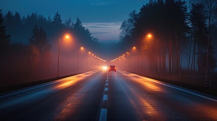 Car driving on a country road at night