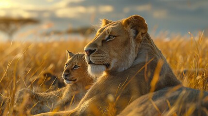 Lioness and lion cub in the savannah at sunset.