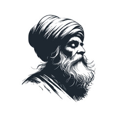The old man with turban Black white vector illustration.
