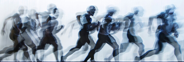 a long exposure photograph of multiple people American football players, motion blur
