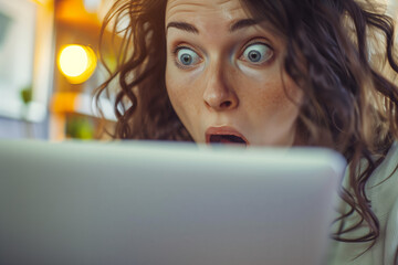 A woman with an expression of shock and amazement looking at her laptop screen, her eyes wide open - obrazy, fototapety, plakaty