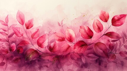 Decorative abstract art botanical pink background modern. This luxurious wallpaper is decorated with pink and earth tone watercolors, leaf, flower, tree, and glitter. It would look great as a