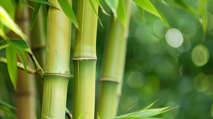 Closeup of green bamboo shoots, lush foliage, bokeh