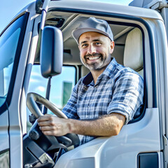 Obraz premium happy professional truck driver driving his
