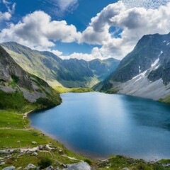 Naklejka na ściany i meble tranquil lake surrounded by towering mountains with a vibrant blue sky overhead. Fluffy cumulus clouds float lazily on the breeze, creating a picturesque natural landscape