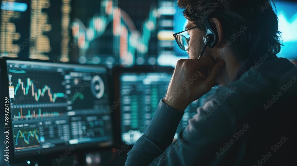 Poster stock trader analyzes market data on their computer, equipped with the tools and knowledge to naviga