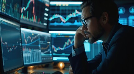 stock trader analyzes a dynamic stock market graph on their computer screen, making strategic decisions for investment success.