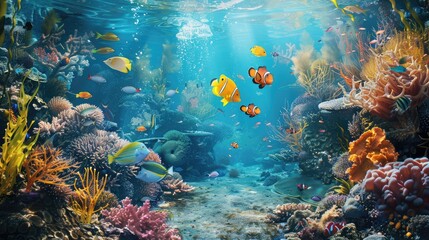 Naklejka na ściany i meble Stunning marine reef fish exploring a coral reef ecosystem, showcasing the diversity of marine life