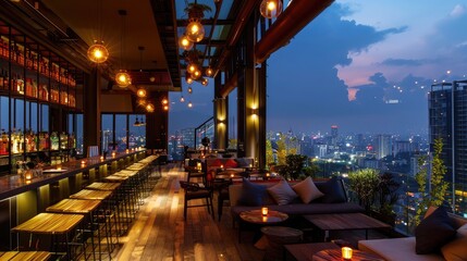 trendy rooftop bar with panoramic city views and stylish decor, offering a modern and cosmopolitan atmosphere for socializing - obrazy, fototapety, plakaty