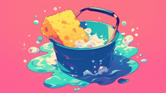 A cartoon illustration featuring a cartoon pail and sponge set against a vibrant pink background