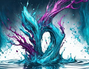 Electric blue liquid splashes in water creating an artistic pattern on a white background,...