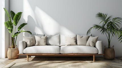 Interior wall mockup with empty white wall, gray sofa, beige pillows and green plant in vase, Free space on right, 3D rendering, illustration
