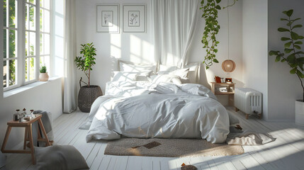 Fototapeta na wymiar Elegant White Bedroom: A Scandinavian-Inspired Sanctuary with Modern Flair in this Stunning 3D Illustration