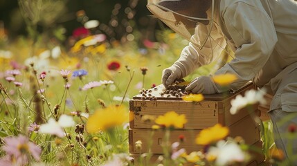 captivating glimpse of a beekeeper tending to hives amidst a field of wildflowers, highlighting the essential role of pollinators in agriculture.