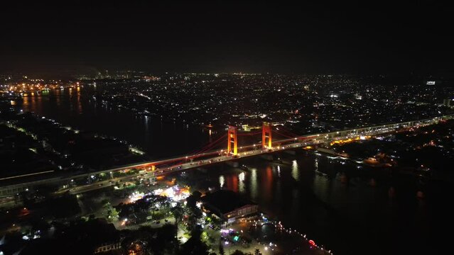 Aerial video of Ampara Bridge in Palembang, Indonesia