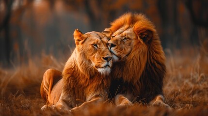 Naklejka premium Lion and lioness in mood for love close up. Lion couple face to face