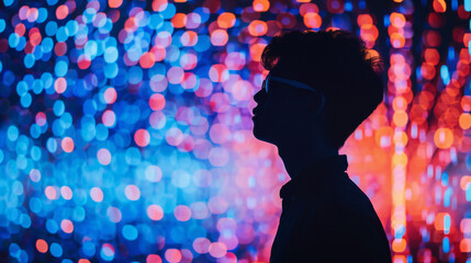 Global Connection: Young Man's Silhouette Against Abstract Digital Backdrop Representing Network, Social Media, and Online News