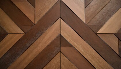 closeup shot of a brown hardwood wall with a geometric pattern of rectangles and triangles. The tints and shades create a symmetrical flooring design