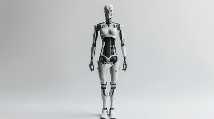 Fototapeta premium Striking Pose: Majestic Robot Standing Elegantly Against White Background, Captured from Front View