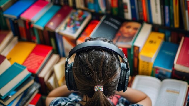 A person with headphones on surrounded by books and language learning materials highlighting their dedication and prowess in learning and understanding multiple languages. .