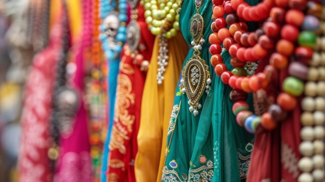 Closeup of a colorful display of traditional attire and cultural symbols from various religions celebrating diversity. .