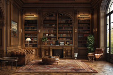 Paris apartment library with minimalist structured shelving, warm wood tones, and golden lighting, featuring leather textures for a serene study environment.