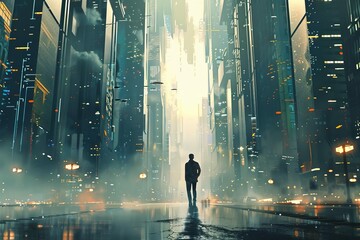 scifi cityscape with man walking on street futuristic architecture digital painting