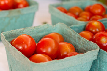 Multiple square green cardboard containers filled with vibrant red cherry tomatoes. The quart containers are for sale at a farmer's market. The fresh tomatoes are raw, glossy, and juicy vegetables.