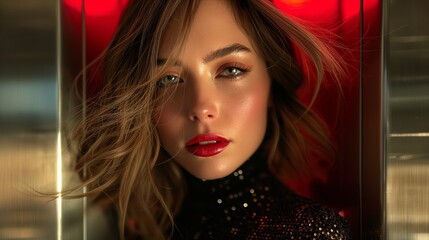 Close up a classy young woman wearing a long black sequin turtleneck dress. Elegant wavy hairstyle, bright make up, red lips.
