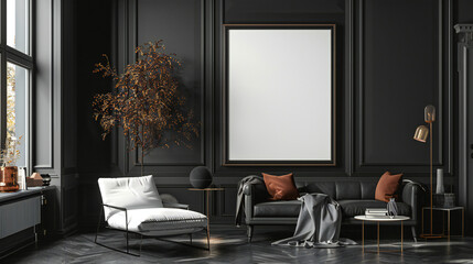Black Living Room Retreat: A Stylish and Sophisticated 3D Mockup Frame Showcasing Retro Decor in a Bold and Elegant Interior Setting