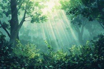 serene misty forest with sunbeams filtering through lush green foliage concept illustration