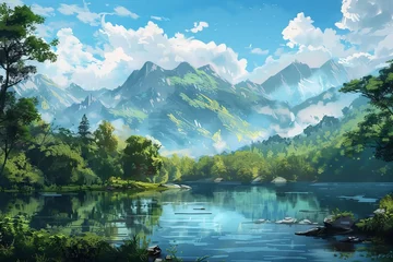 Schilderijen op glas serene mountain landscape with lush green forests and tranquil lake digital painting © Lucija