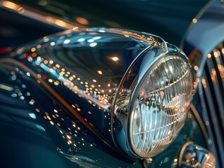 Close-up of a vintage car's gleaming headlight and chrome grille with reflections. Created with Generative AI. - obrazy, fototapety, plakaty