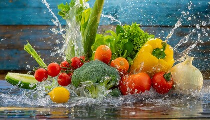 variety of colorful vegetables are playfully splashing in the fresh water, creating a vibrant and artistic scene of natural foods and plant life