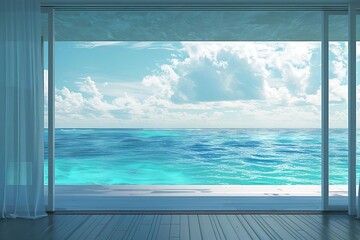 serene ocean view from modern room window dream travel escape concept ai generated illustration