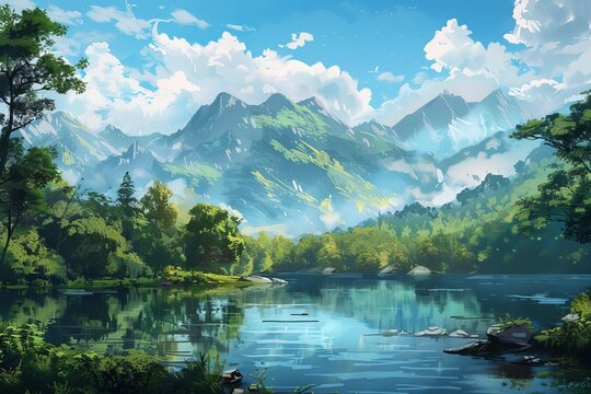 serene mountain landscape with lush green forests and tranquil lake digital painting